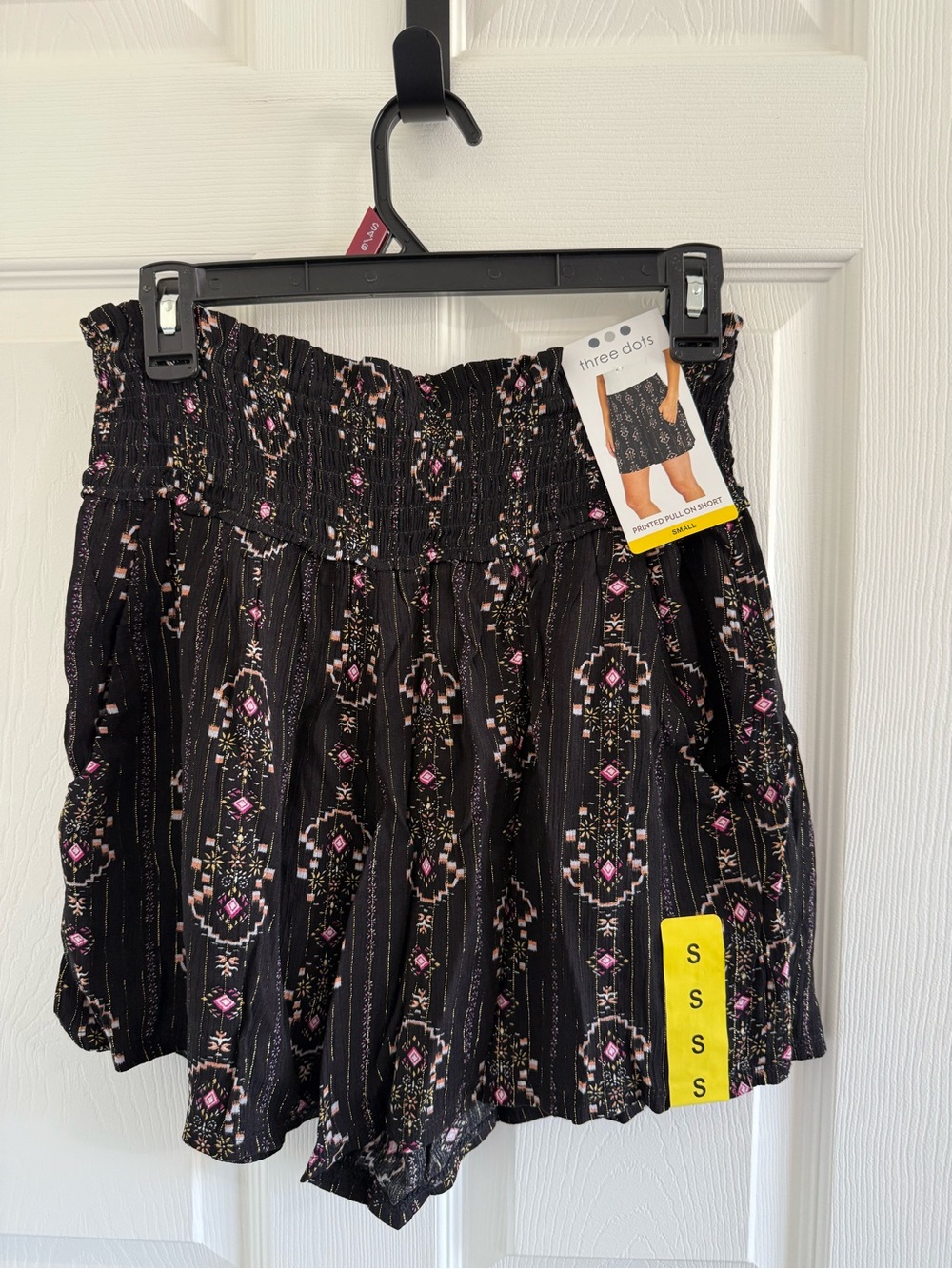 Three Dots Black Mini Skirt with Pink & Cream Floral Motif